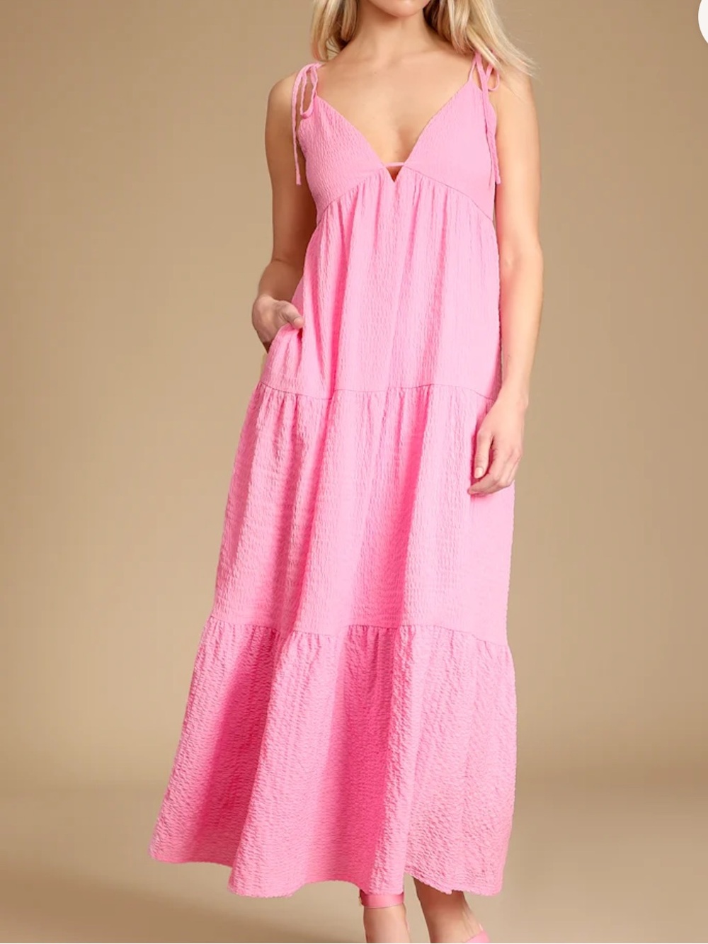 Lulu's Let the Sun Beam Pink Tie-Straps Tiered Midi Dress With Pockets